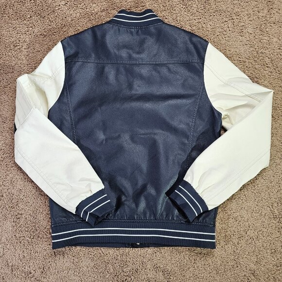 Fried Denim NYC Varsity Jacket Mens M Blue Faux Leather Preppy Bomber EUC - Picture 2 of 7